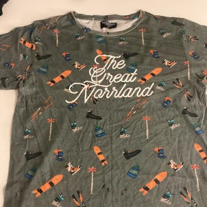 Grå t-shirt från SQRTN Company - Säljer en grå t-shirt från SQRTN Company med texten 'The Great Norrland' på bröstet. T-shirten har ett coolt mönster med skidor, mössor och snöskor i färgglada nyanser och massa saker mer. Perfekt för en avslappnad stil med en touch av norrländsk charm. 🏔️