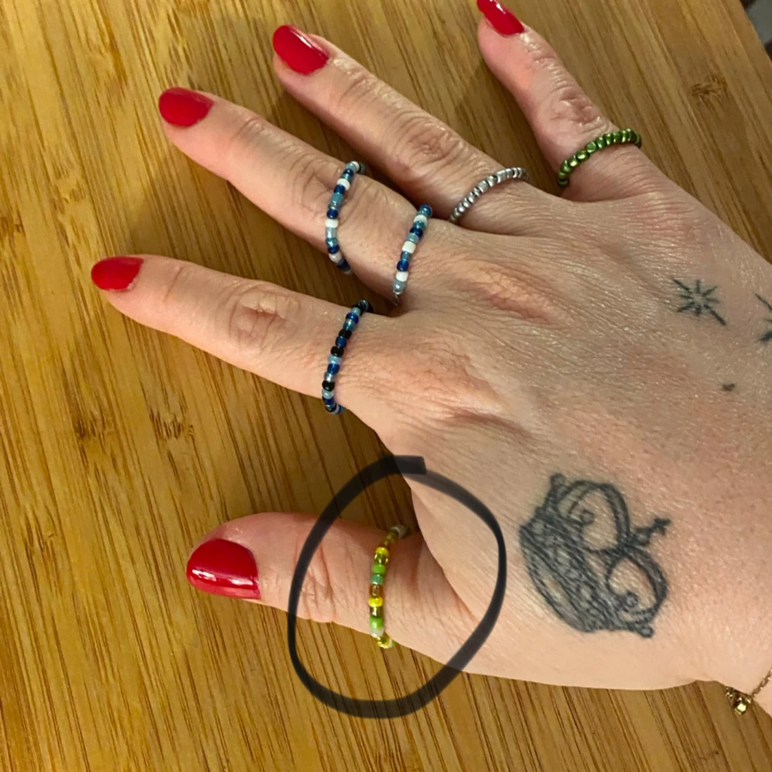 Grön & gul ring, pärlor - 1