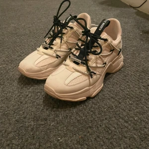 Beige sneakers från Steve Madden - Snygga beige sneakers från Steve Madden med svarta snören och detaljer. Använda max 3 ggr. Org pris 1500kr