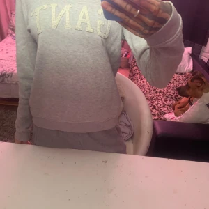 Grå sweatshirt från GANT - Säljer en grå sweatshirt från GANT med broderad logga på bröstet. Tröjan har rund hals och långa ärmar. Passar bra till både jeans och mjukisbyxor. Finns små fläck🤍