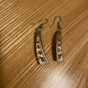 Unika örhängen i renhorn - Säljer ett par unika örhängen med coola runmönster. De är formade som små horn och har en naturlig brun och beige färg. Perfekta för att ge din outfit en bohemisk touch. Passar både till vardags och speciella tillfällen. 🦌✨