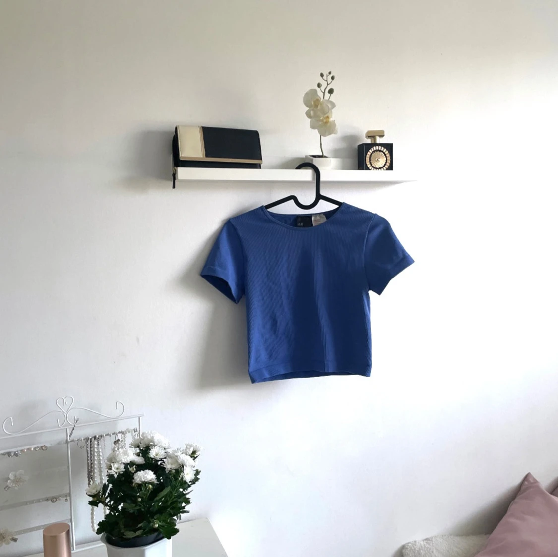 Blå ribbad croppad topp - 90