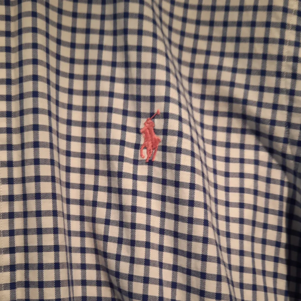 Säljer en snygg rutig skjorta från Polo Ralph Lauren i storlek M. Skjortan är blå och vit med ett klassiskt rutmönster och har en broderad logga i rött på bröstet. Den är långärmad och har en slim passform, perfekt för både vardag och fest. Materialet känns skönt och av hög kvalitet. Passa på att köpa denna stilrena skjorta!. Skjortor.