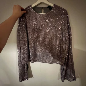 Glitter träja - Glitter topp. Använd en gång. Storlek L, jag är S och den är fin på trots storleks skillnad.  Färg: Lila/silver Skick: mycket bra, inga slitningar
