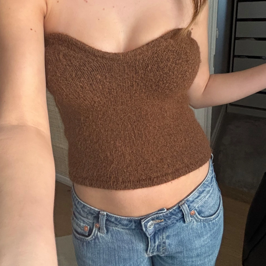 Fin brun stickad bandeu topp - 90