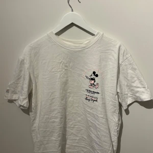Vit Disney t-shirt från Zara - Säljer en vit t-shirt från Zara med Disney-tema. T-shirten har ett tryck av Mickey Mouse på framsidan och text på baksidan. Obs: finns en liten fläck på framsidan ingenting jag tycker syns på avstånd!