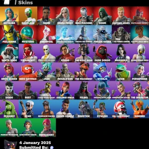 Fortnite Skins och Emotes - En samling av olika Fortnite skins och emotes. Skins inkluderar karaktärer som Katalina, Shuri, och War Machine. Emotes som Bird Call och Gwen-Step finns också med. Perfekt för spelare som vill utöka sin samling med unika och populära val.
