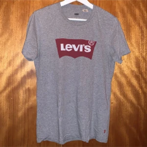 Grå t-shirt från Levi's - Säljer en klassisk grå t-shirt från Levi's med det ikoniska röda logotyptrycket på bröstet. T-shirten är kortärmad och tillverkad i mjuk bomull, perfekt för en avslappnad stil.