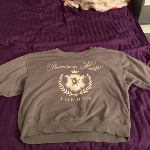 Grå sweatshirt från H&M Divided - Säljer en grå sweatshirt från H&M Divided med texten 'Primrose Hill London' och ett stilrent emblem på framsidan. Tröjan har långa ärmar och en bekväm passform, perfekt för en avslappnad stil. Knappt använd