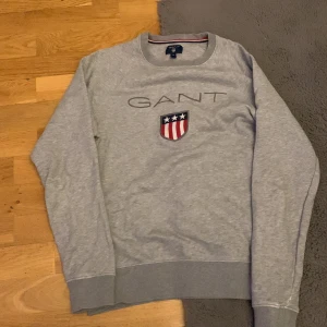 Grå sweatshirt från GANT - Säljer en stilren grå sweatshirt från GANT med ett broderat emblem och text på framsidan. Tröjan har långa ärmar och ribbade muddar vid ärmslut och nederkant. Perfekt för en avslappnad look.