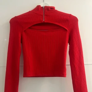 Röd ribbad topp från H&M - Säljer en supercool röd ribbad topp från H&M. Den har en dragkedja framtill och en öppen detalj vid halsen som ger en unik look. Perfekt för att sticka ut på festen eller bara för en snygg vardagsstil. Aldrig använd. 