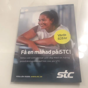 Kupong för en månad på STC - Kupong som ger en månads provträning på valfri STC-klubb. Värde 828 kr. Erbjuder styrketräning, kondition och gruppträning. Kortavgift på 100 kr tillkommer. Gäller för en person vid ett tillfälle.