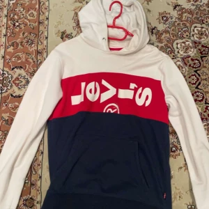 Hoodie från Levi's - Säljer en snygg hoodie från Levi's i färgerna vit, röd och blå. Tröjan har en stor logga på framsidan och en praktisk ficka. Perfekt för en avslappnad stil. Storlek 16år