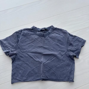 Grå/blå croppad t-shirt från Weekday - Säljer en grå/blå croppad t-shirt från bik bok. Den har en enkel design med korta ärmar och rund hals. Perfekt för en avslappnad stil.