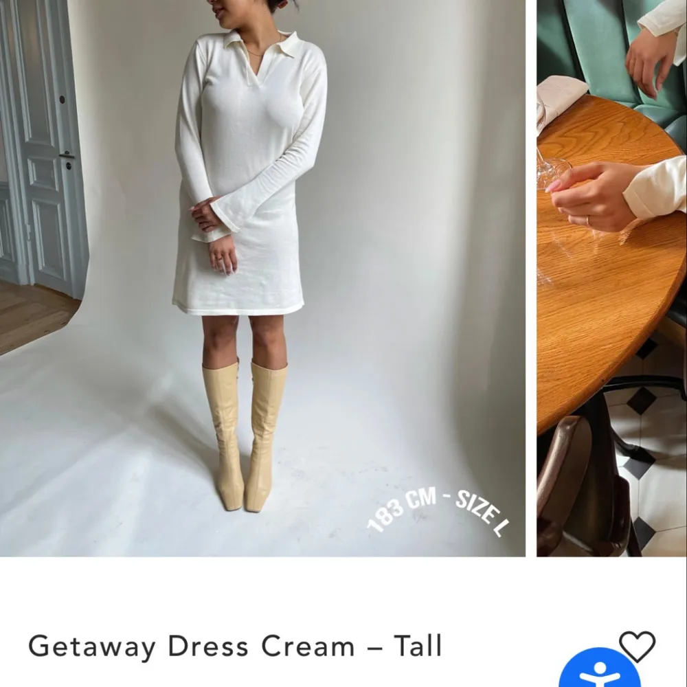 Säljer en stilren krämfärgad klänning från Djerf Avenue. Klänningen har en klassisk krage och långa ärmar, perfekt för en elegant look. Den är i en mjuk och bekväm kvalitet.. Mekot.
