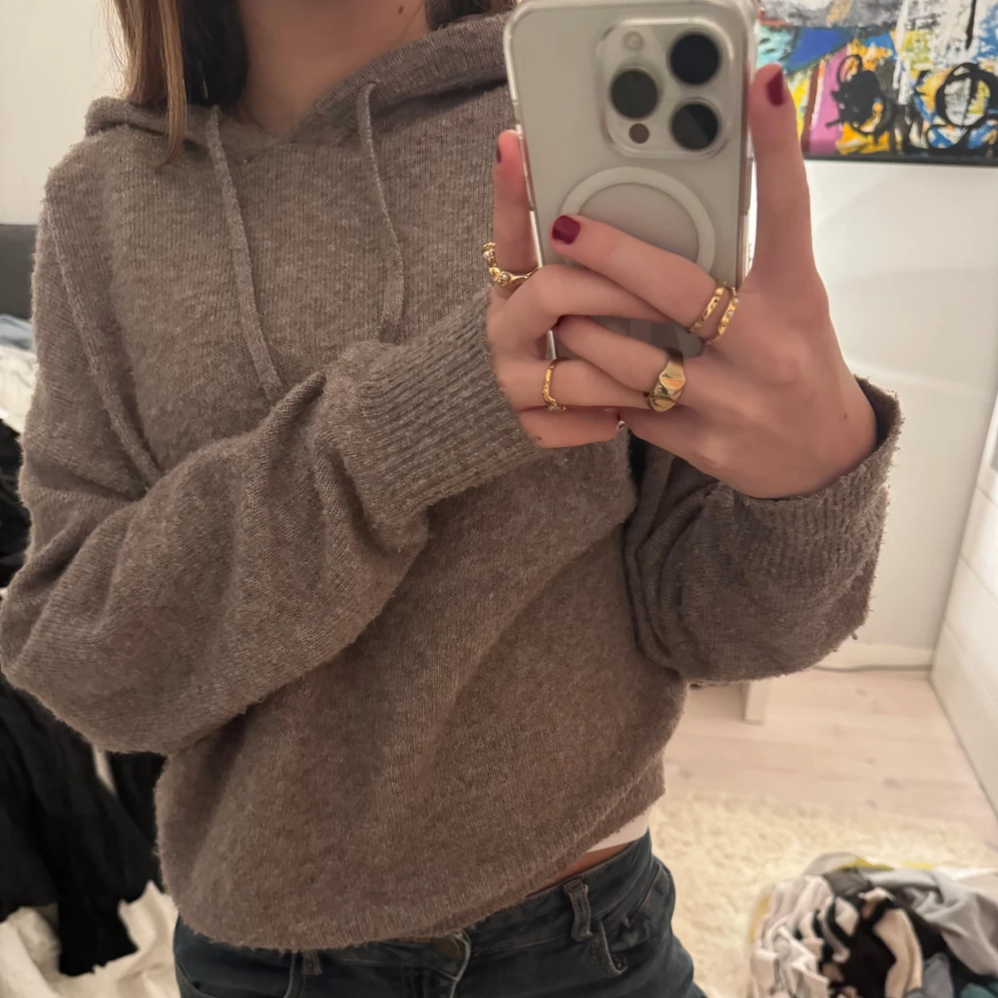 Beige stickad hoodie