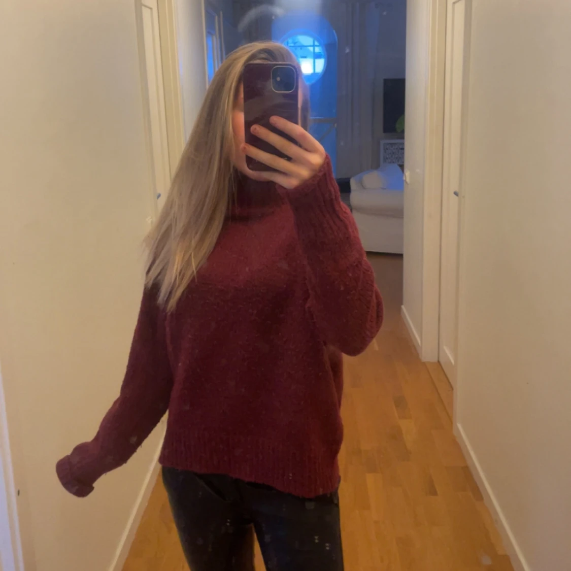 Vinröd stickad polotröja - 90