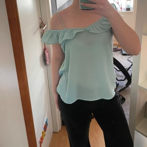 Ljusblå/turkos offshoulder topp - Säljer en jättesöt sommartröja/ blus som passar perfekt till byxor och kjol. Använd endast några enstaka gånger och har dessutom gulliga luftiga volanger som detaljer och säljer endast för 70kr, skriv för fler bilder! 