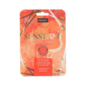 Sunstone Face Sheet Mask från Sence - Sunstone Face Sheet Mask från Sence med en uppfriskande formula berikad med ingefäraextrakt. Förpackningen är i en livfull orange färg med abstrakt mönster. Masken är förbehandlad och innehåller 20 ml.
