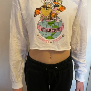 Vit croppad tröja - Från H&M divided🧡Använd fåtal gånger & i mycket bra skick. Säljer en vit croppad tröja med Looney Tunes-tryck på framsidan och på baksidan 'World Tour' text. Tröjan har långa ärmar och är perfekt för en avslappnad stil. Storlek S & passar någon som är 165cm eller kortare. Den är för kort för mig som 170cm lång.