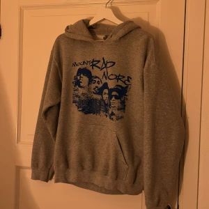 Grå hoodie från Gildan med tryck - Säljer en grå hoodie från Gildan med ett coolt tryck på framsidan som föreställer 'Mount Rap More'. Tröjan har en klassisk passform med långa ärmar och en bekväm huva. Perfekt för en avslappnad stil.