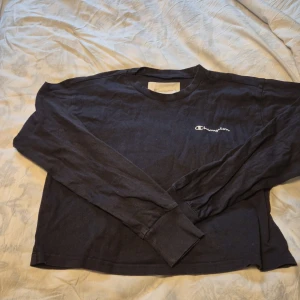 Svart långärmad tröja från Champion - Säljer en svart långärmad tröja från Champion i storlek medium. Tröjan är i bomull och har en normal passform. Perfekt för en avslappnad stil eller träning. Champion-loggan är broderad på bröstet. Skön och enkel att matcha med det mesta!