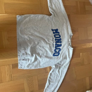Grå tjocktröja  - En grå tjocktröja me blå text, säljer för använder inte längre. Använd fåtal gånger som kan synas på N med en tråd som sticker ut anars väldigt fint skick 