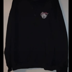 Svart hoodie med nalletryck - Säljer en svart hoodie med ett stort tryck av en nalle och texten 'Hugs Allowed' i rosa och vitt. Perfekt för en avslappnad stil med en unik touch. Hoodien har långa ärmar och en klassisk passform.