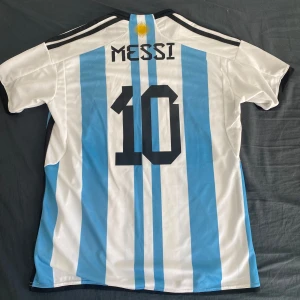 Argentina tröja med Lionel Messi nr.10  - Säljer en vit och blå randig fotbollströja från Adidas med nummer 10 och namn på ryggen. Tröjan har korta ärmar och det argentinska fotbollsförbundets emblem på bröstet. Perfekt för fotbollsfans! (Köpt i Argentina)