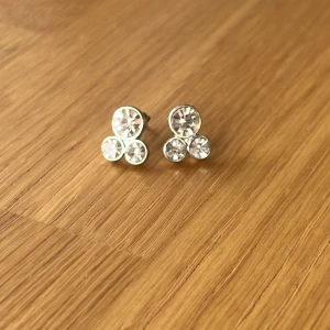 Silverfärgade örhängen - Snygga silver örhängen med tre glittrande stenar i varje. Diskreta men ändå iögonfallande då de gnistrar extra mycket i solen. Säljer då jag inte använder silver. Tyvärr finns inte orginalplupparna så därför är de missmatchande, men detta påverkar inte användningen. Örhängena är noga tvättade och disinfekterade. Märket är okänt.