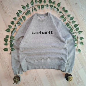 Grå sweatshirt från Carhartt - Säljer en stilren grå sweatshirt från Carhartt med deras ikoniska logga tryckt på framsidan. Tröjan har en klassisk passform med långa ärmar och ribbade muddar vid ärmslut och nederkant. Perfekt för en avslappnad look.