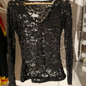 Svart spetsblus - Säljer en elegant svart spetsblus med långärmad design. Blusen har en v-ringad hals och är perfekt för festliga tillfällen. Den är genomskinlig och ger en sofistikerad look.