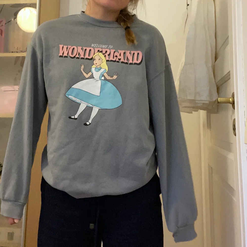 Grå tröja med tryck från Alice i underlandet. Från H&M i storlek xs, men passar även S och M. Liten fläck men inte så synlig.. Neuletakit & Villapaidat.