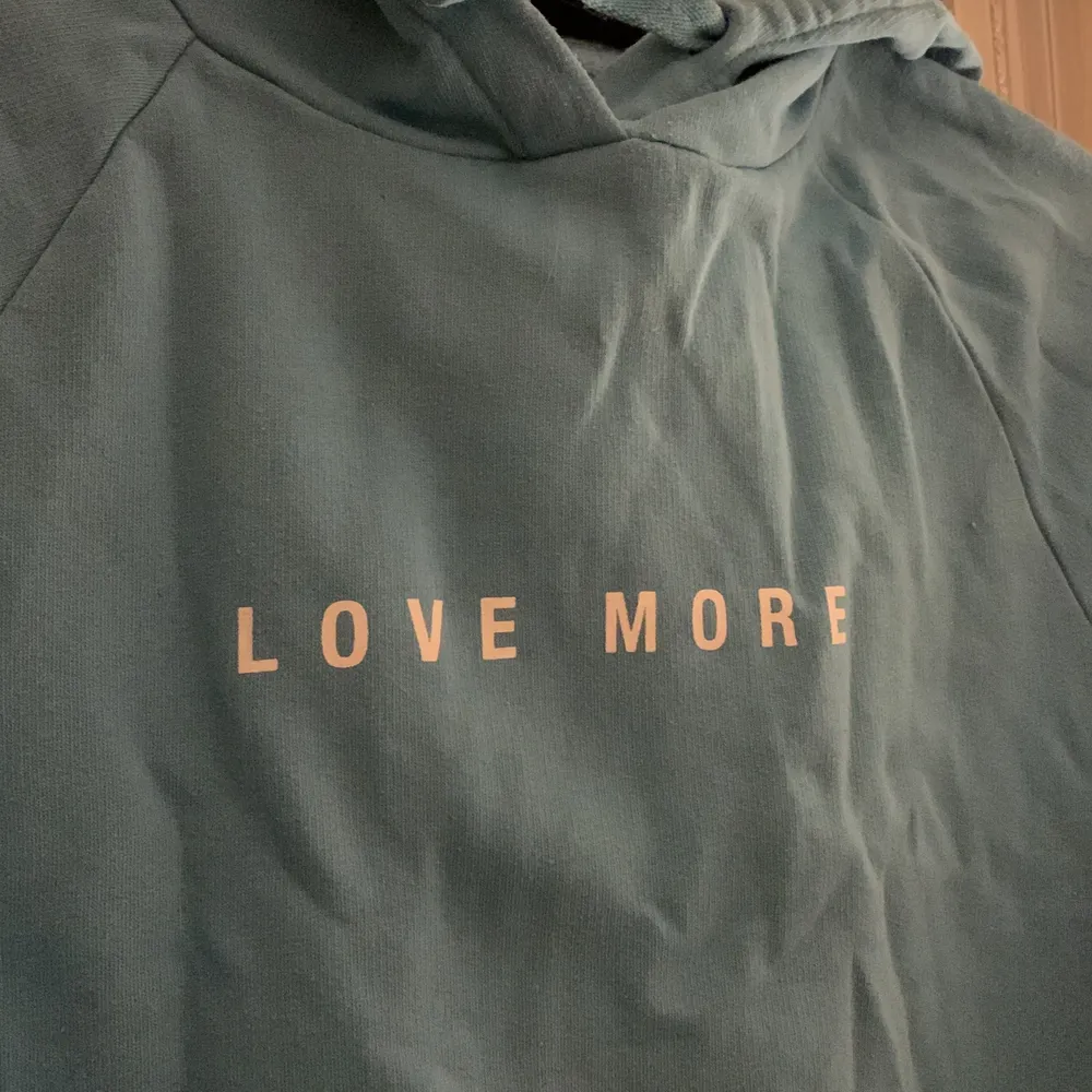 En jätte skön hoodie med justerbara band i luvan. Mycket bra skick. Härlig ljusblå färg och med texten LoveMore. Hoodies.