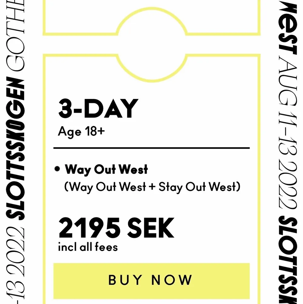 Säljer 1st 3 dagar 18+ biljett till Way out west (original pris 2195kr)  Många bra artister men har tyvärr fått förhinder att själv delta. Antingen så kan ni få biljetten digitalt via Mail eller så kan vi mötas upp i Göteborg. Pris kan diskuteras!. Övrigt.