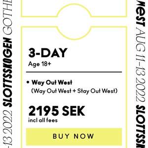 Säljer 1st 3 dagar 18+ biljett till Way out west (original pris 2195kr)  Många bra artister men har tyvärr fått förhinder att själv delta. Antingen så kan ni få biljetten digitalt via Mail eller så kan vi mötas upp i Göteborg. Pris kan diskuteras!