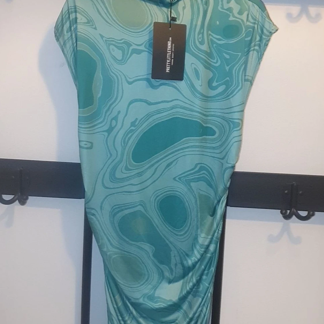 Green Swirl Print Slinky Sleeveless High Neck Ruched Bodycon Dress  - 91