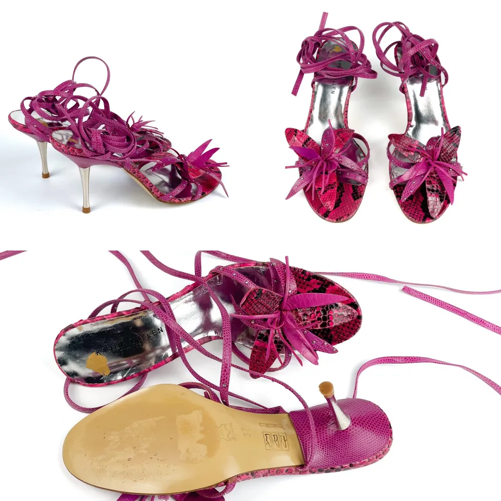 Vintage 00s Y2K Karen Millen real leather strappy sandals / tie up heels in fuchsia pink with exotic flowers size 37 EU. Barely visible signs of wear. Ask for the full description before buying. No returns.. Skor.