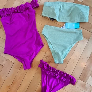 Bikinidelar och baddräkt  - En baddräkt 36, en bikini 2 delar (underdel 36, överdel 46) samt bikinitrosor 34. 30:- per del (allt oanvänt) baddräkten är snygg att använda som body också 