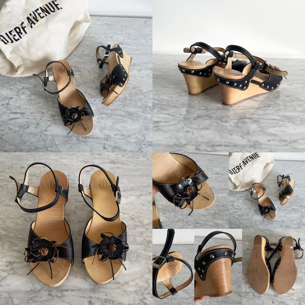 Vintage 90s 00s Y2K studded clogs shoes wedges sandals in black Real leather. Few tiny scratches here and there. The color is a bit different from one shoe to another due to the nature of the wood. Cleaned. Label: 38, true to size. Heels: 9 cm. No returns. Skor.