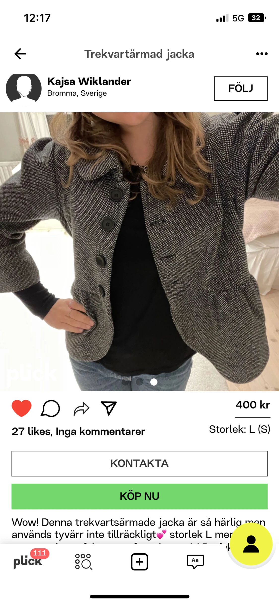 Trekvartsformad jacka