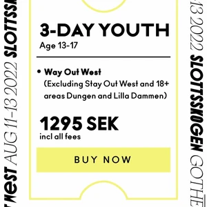 Way out west 3 dagars biljett - Hej! Säljer min 3 dagars ungdomsbiljett till wayoutwest då jag inte har möjligthet att gå alla dagar. Detta är en ungdomsbiljett så de gäller bara folk som är upp till 17 år. Köpt för 1372kr då avbeställningsskydd ingick men säljer för 1200kr. 