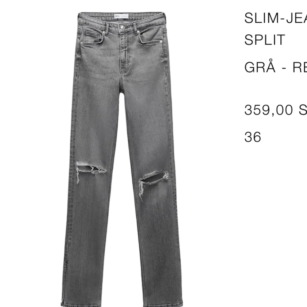 Snygga gråa jeans från zara, med slits! Säljer dem för dem är för små för mig. Använd fåtal gånger, i bra skick 😍. Jeans & Byxor.
