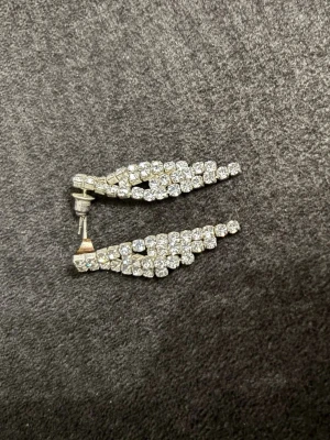 Silvriga örhängen med strass - Säljer ett par glittriga örhängen i silverfärg med flera rader av små, gnistrande strasstenar. Örhängena har en avsmalnande, droppformad design som ger ett elegant intryck. Perfekta för dig som vill ha något som sticker ut och fångar ljuset.