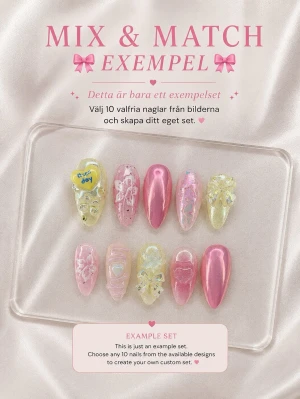 Mix& Match 10st Medium Almond - ****VÄLJ 10st naglar**** Bygg ditt eget set med 10 press-on naglar från Von Sua! Välj bland massor av färger, mönster och detaljer i medium lång almond-form. Naglarna är återanvändbara och har salongskvalitet. Perfekt passform och många olika stilar att mixa och matcha.