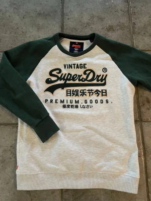 Superdry sweatshirt med tryck - Vit grå sweatshirt från Superdry med gröna ärmar och stort tryck framtill. Tröjan har rund halsringning, ribbade muddar och klassisk raglanmodell. Perfekt för en avslappnad streetstyle-look.