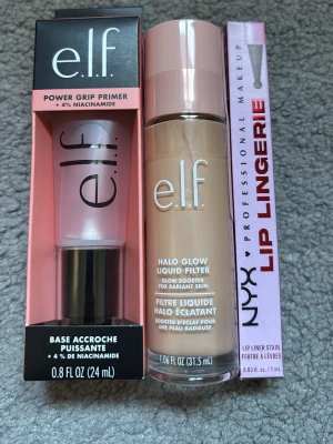 Elf power grip primer & Elf halo glow liquid filter & nyx lip lingerie lip liner stain - Helt nya & oöppnade! Sänker inte pris, kostar 620kr i butik! :)
