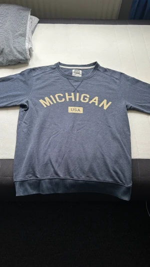 Blå sweatshirt med Michigan-tryck - Mysig blå sweatshirt från WA med stort gult 'MICHIGAN USA'-tryck på bröstet. Riktigt skön. STORLEK M