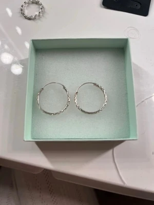 Guldfynd Silvriga tunna creoler - Säljer ett par stilrena silvriga örhängen i form av tunna creoler. De har en lätt hamrad yta som ger en snygg textur och extra glans. Perfekta för dig som gillar minimalistiska smycken med en twist.