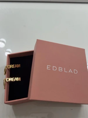 Guldörhängen DREAM från Edblad - Säljer ett par snygga örhängen från Edblad i guldfärgad metall. Örhängena har texten DREAM i versaler och kommer i original ask i rosa med vit logga. Perfekta för dig som vill ha ett statement-smycke med unik design.